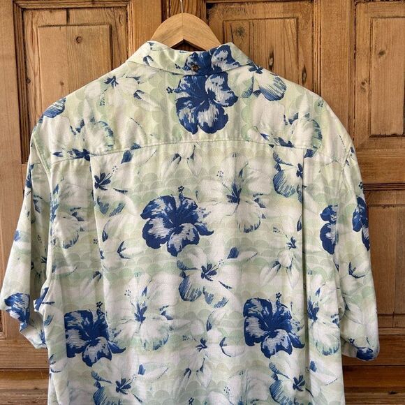 Tommy Bahama Large Original Fit Silk Pale Green and Blue Button Front Shirt - Picture 12 of 15
